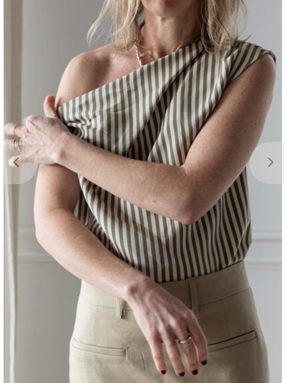 Asymmetric One-Shoulder Green Striped Blouse